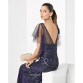 Lace Flare Short Sleeve Beading Sheath Evening Dress with V Back